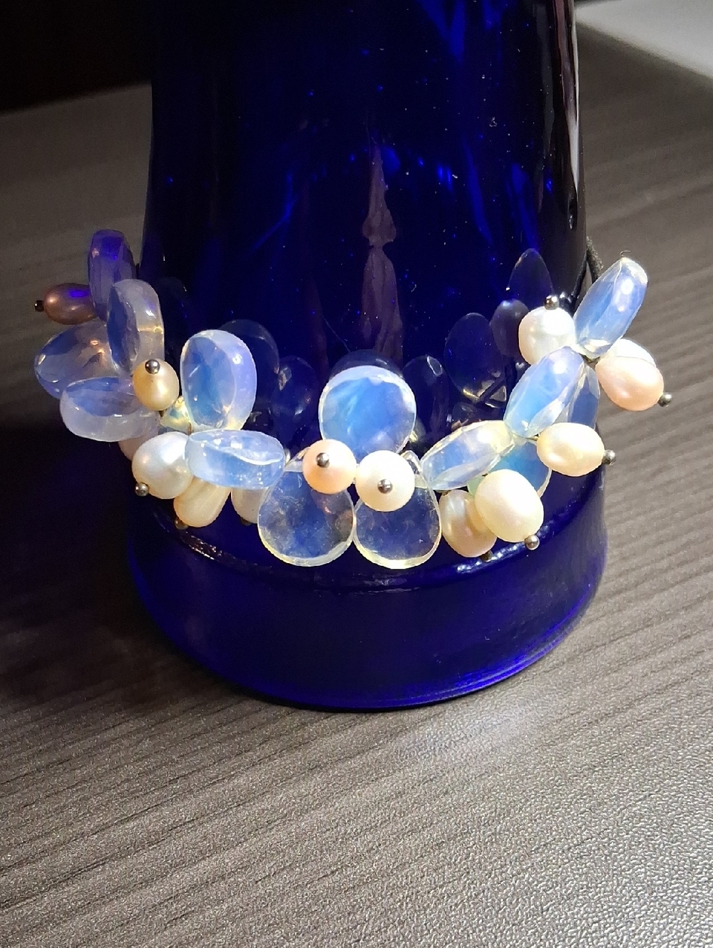 Opalescent Blue & Pearl Beaded Silver Bracelet